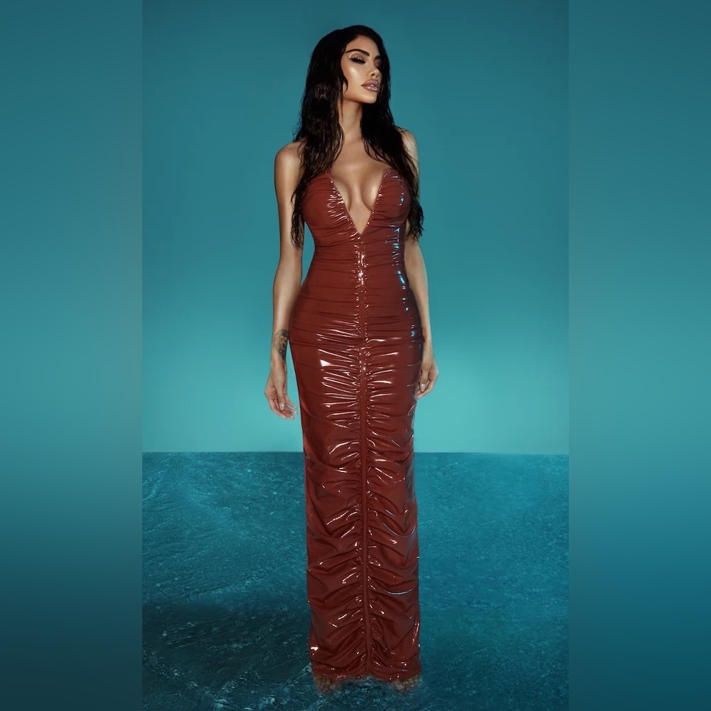 Rendezvous Ruched Vegan Brown Glossy Leather Gown Strapless Dress Morgan Osman 6